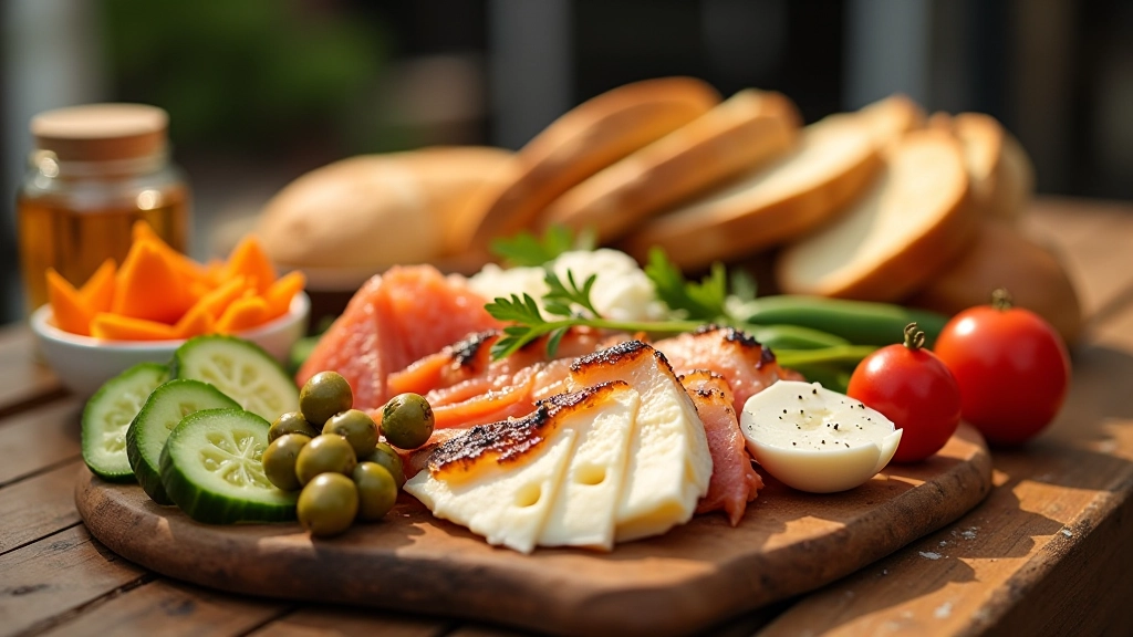 Spread of various Turkish breakfast items including smoked fish, white cheese, olives, fresh vegetables, honey, and bread on rustic wooden table