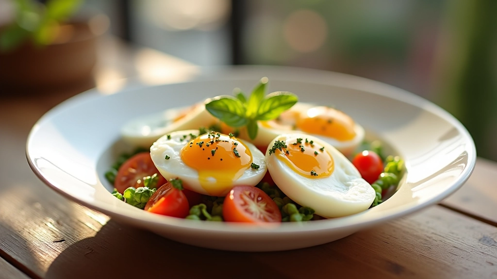 Professionally plated brunch dish with carefully arranged components including cheese, vegetables, eggs, and garnishes on a white ceramic plate