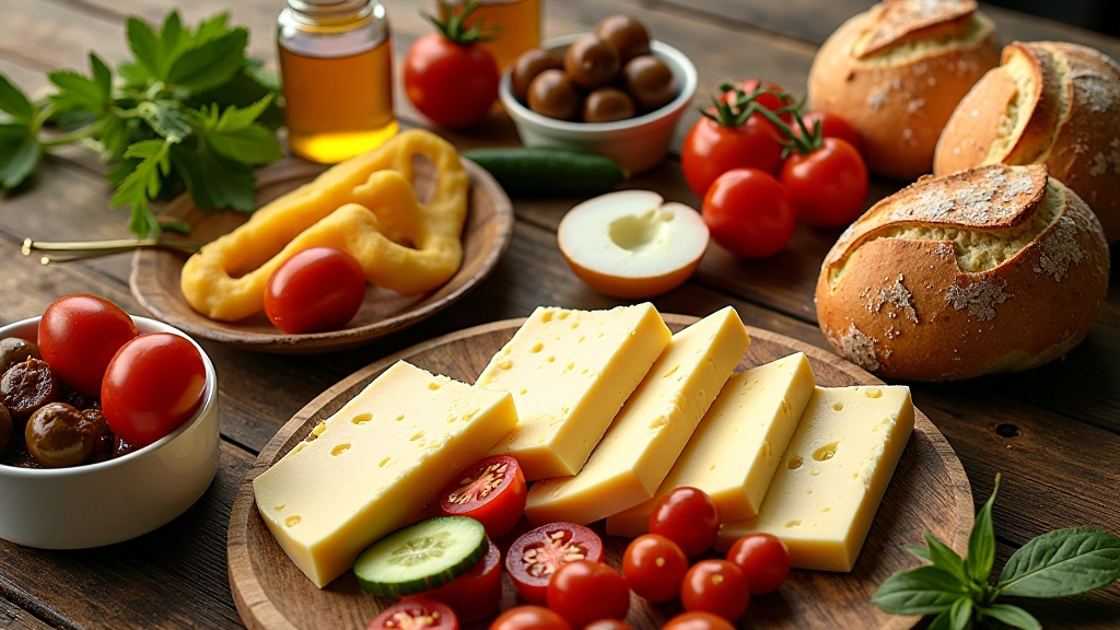 Overhead shot of traditional Turkish breakfast spread featuring assorted local cheeses, fresh olives, honey in ceramic bowl, sliced tomatoes, cucumbers, and warm crusty bread on rustic wooden table