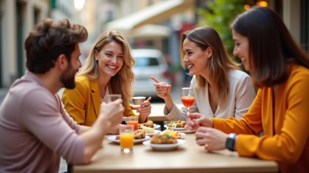 Group of friends enjoying brunch together at a table with multiple plates and glasses, casual social breakfast setting