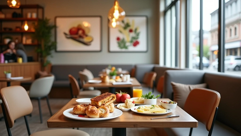 Modern café interior in Istanbul neighborhood showing comfortable seating, natural light from large windows, Turkish breakfast setup on tables, and friendly service staff attending to guests