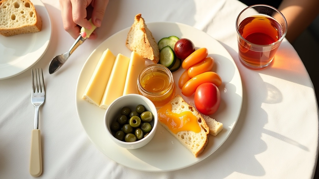Turkish brunch spread with cheese, olives, honey, bread, and tea on white table