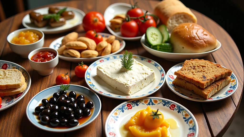 Wide aerial view of a traditional Turkish serpme breakfast spread with multiple bowls and dishes arranged on a colorful table