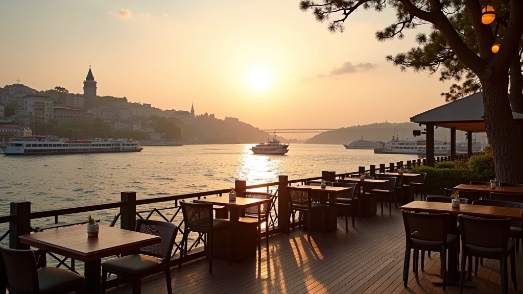 Beautiful view of Istanbul's iconic Bosphorus strait with traditional architecture and modern waterfront cafés in morning light