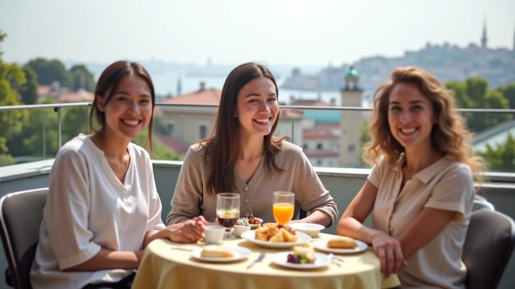 Group of people enjoying brunch on rooftop terrace with Bosphorus visible in background, natural social atmosphere