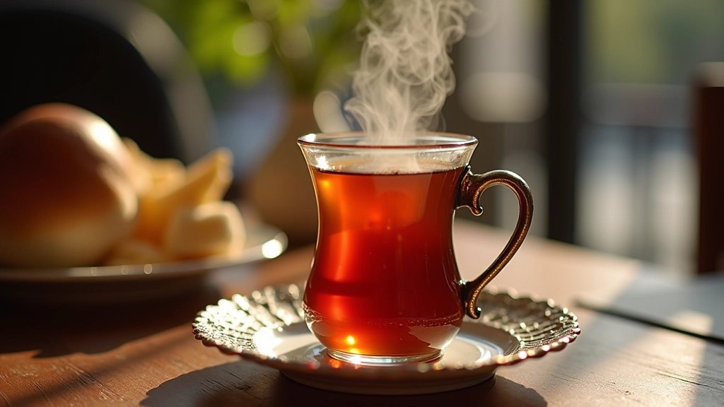 Traditional Turkish tea glass in ornate metal holder with steaming hot tea, placed on a breakfast table with pastries in background