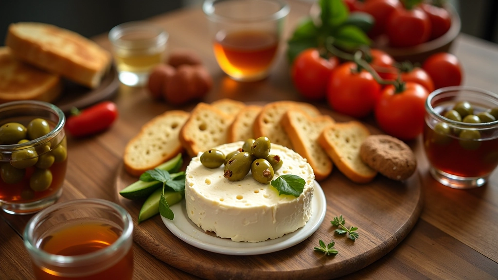Traditional Turkish breakfast spread with essential components like white cheese, olives, honey, bread and fresh vegetables