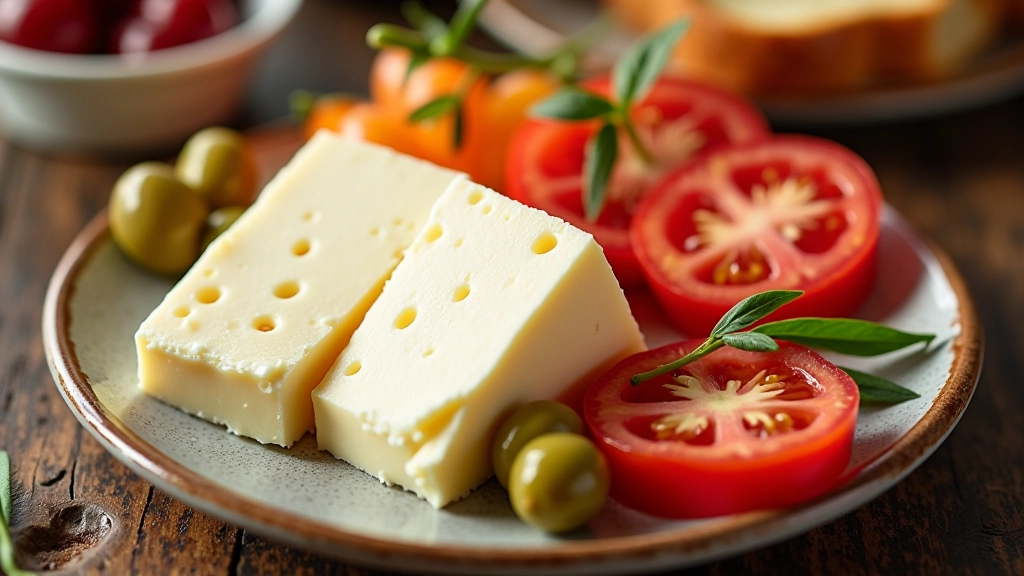 Close-up of white cheese crumbles, green olives, and fresh tomato slices arranged on a ceramic plate