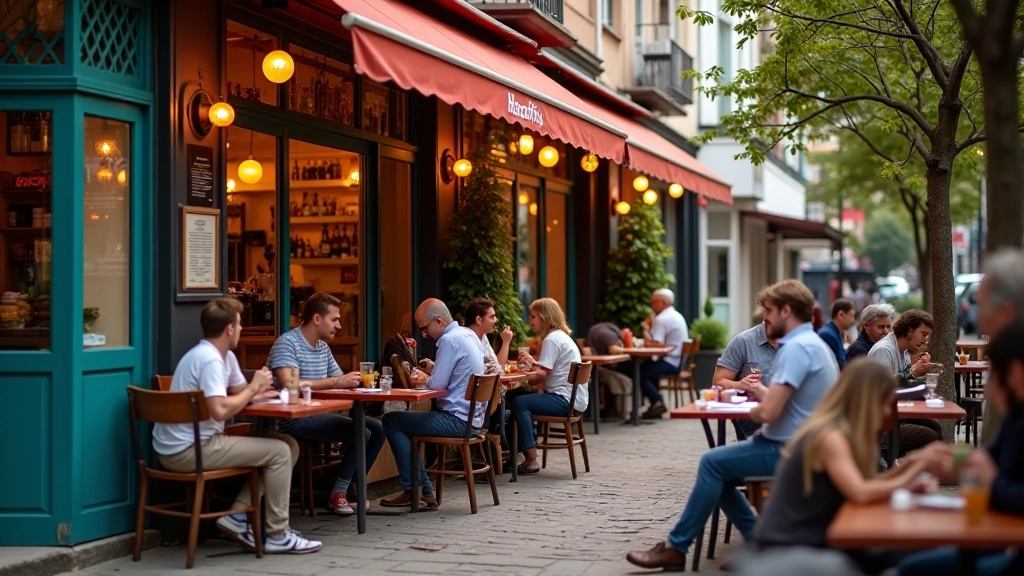 Vibrant café scene in urban neighborhood with outdoor seating and local customers enjoying brunch